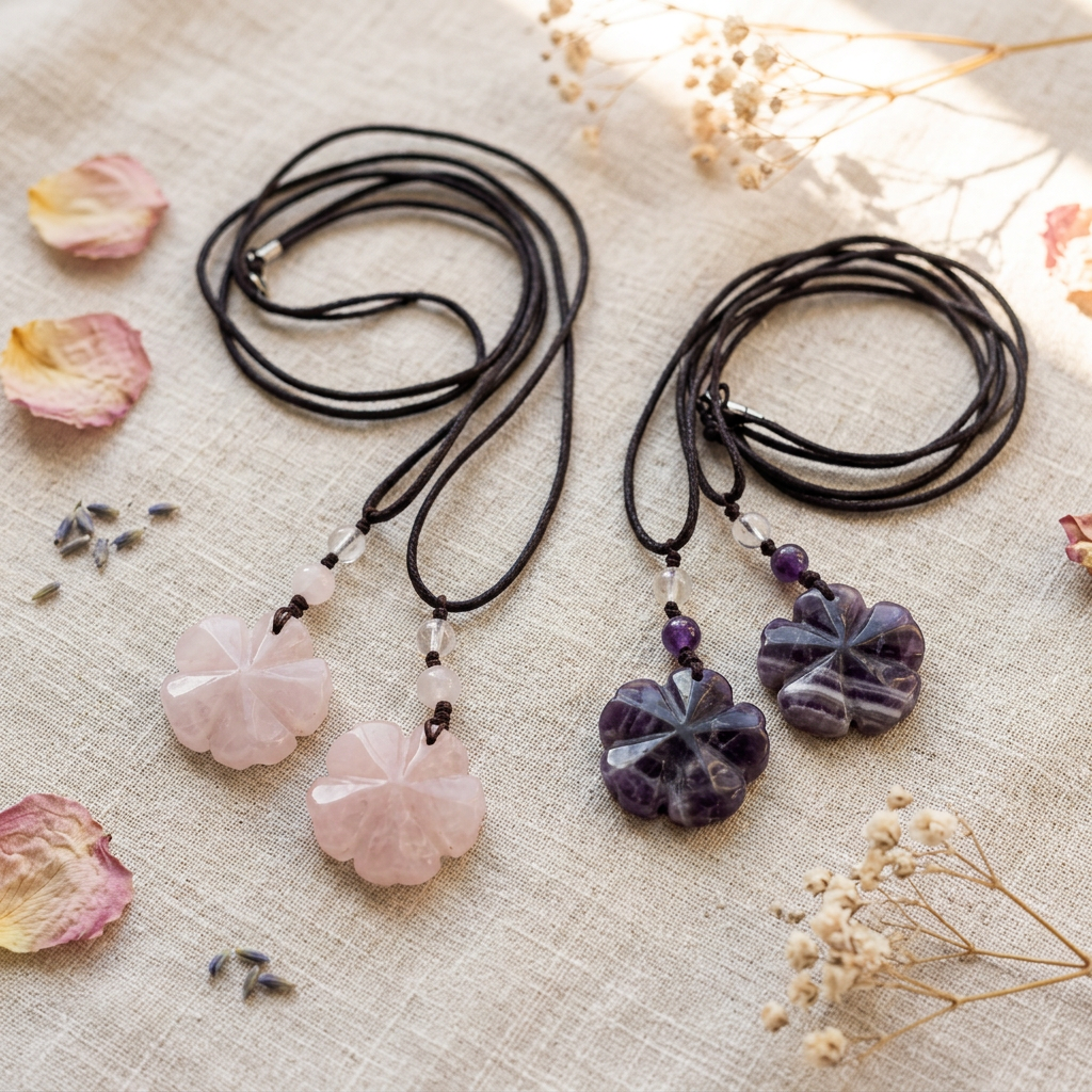 Natural Carved Flower Crystal Pendant Necklace for Healing and Balance