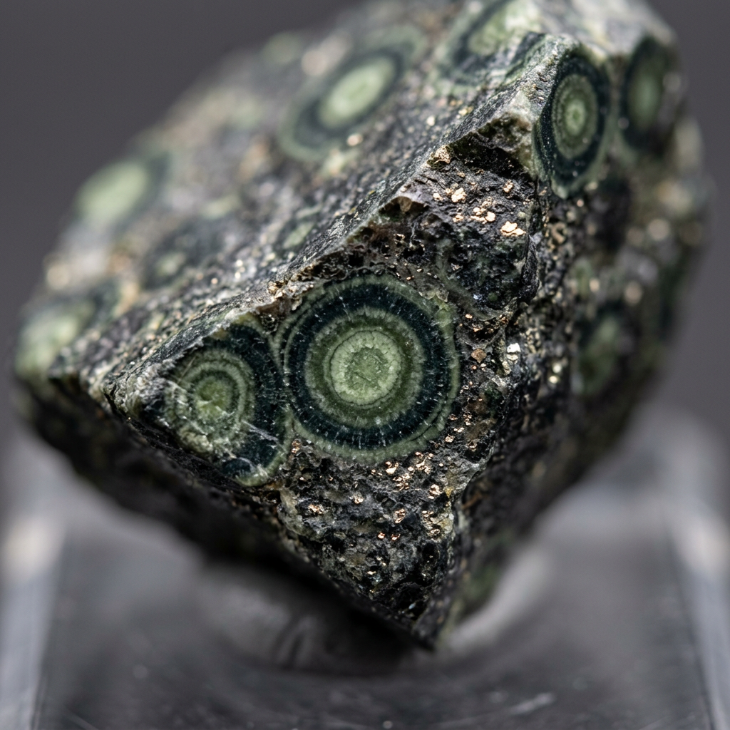 Macro close-up detail of orbicular peacock eye spots and rough mineral texture