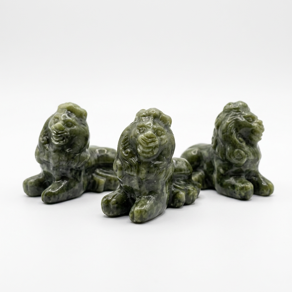 Natural Xiuyan Jade Lion Carving on pure white background