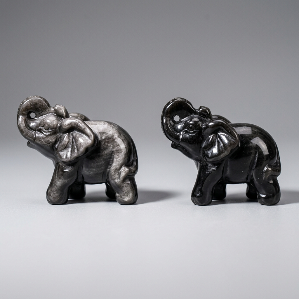 Silver Obsidian Precision Carved Elephant Figurine for Protection
