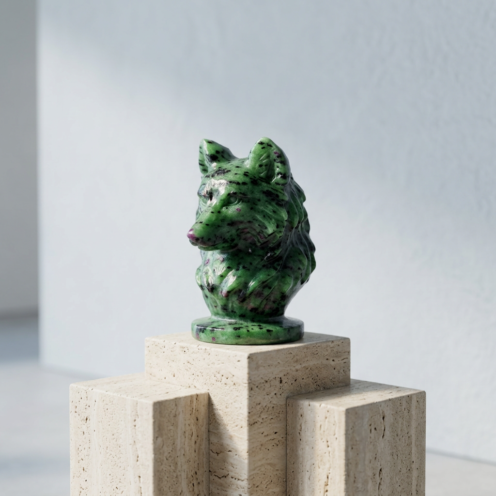 Handcrafted Ruby Zoisite Wolf Head Sculpture on travertine stone pedestal