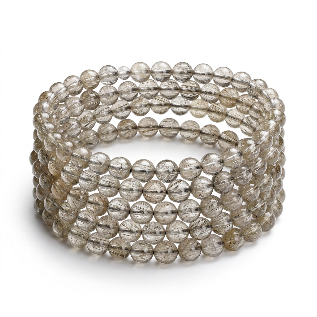 Natural Silver Rutilated Quartz Multi-Wrap Bracelet 6mm White Background Hero