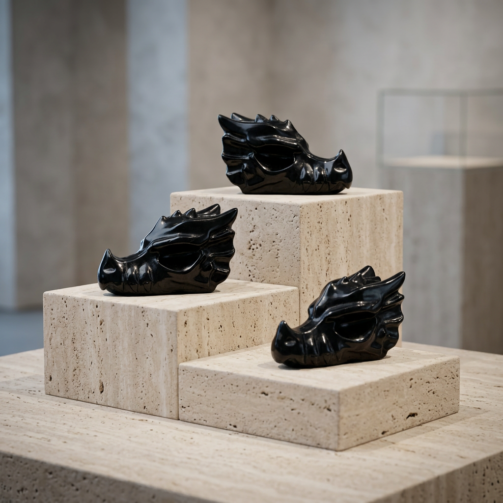 Three Black Obsidian Dragon Head Sculptures on travertine stone pedestal