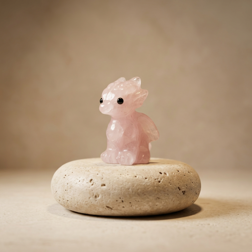 Natural Rose Quartz Baby Dragon on minimalist beige travertine pedestal