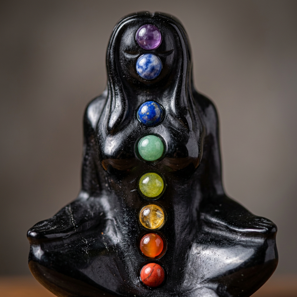 Black Obsidian Mother Earth Gaia Carving with Seven Chakra Stones