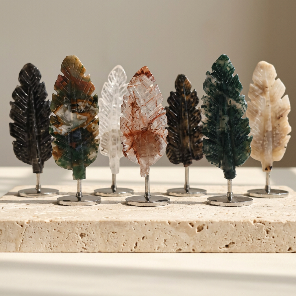 Carved Crystal Feather Ornament with Display Stand for Peace and Decor