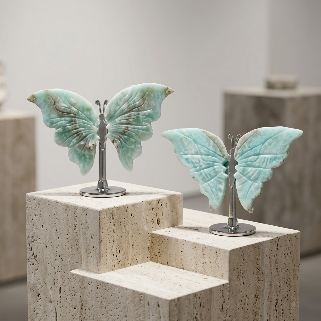 Two Hemimorphite Butterfly Ornaments on travertine stone pedestal