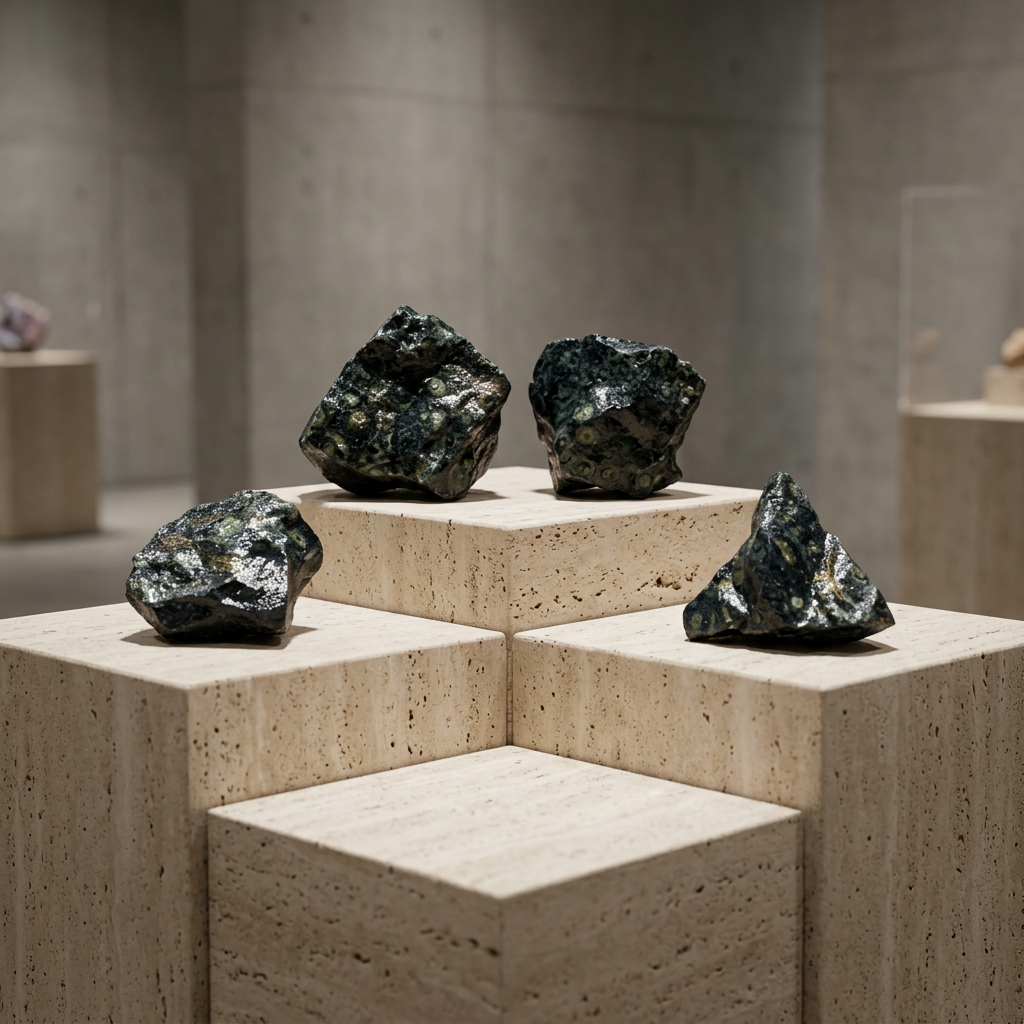 Rough Peacock Eye Stones on travertine pedestal