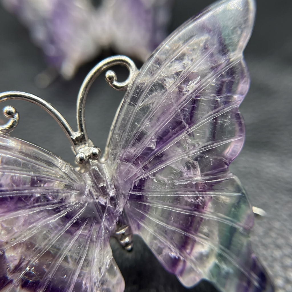 Macro close-up detail of translucent banded fluorite wings and antenna wire