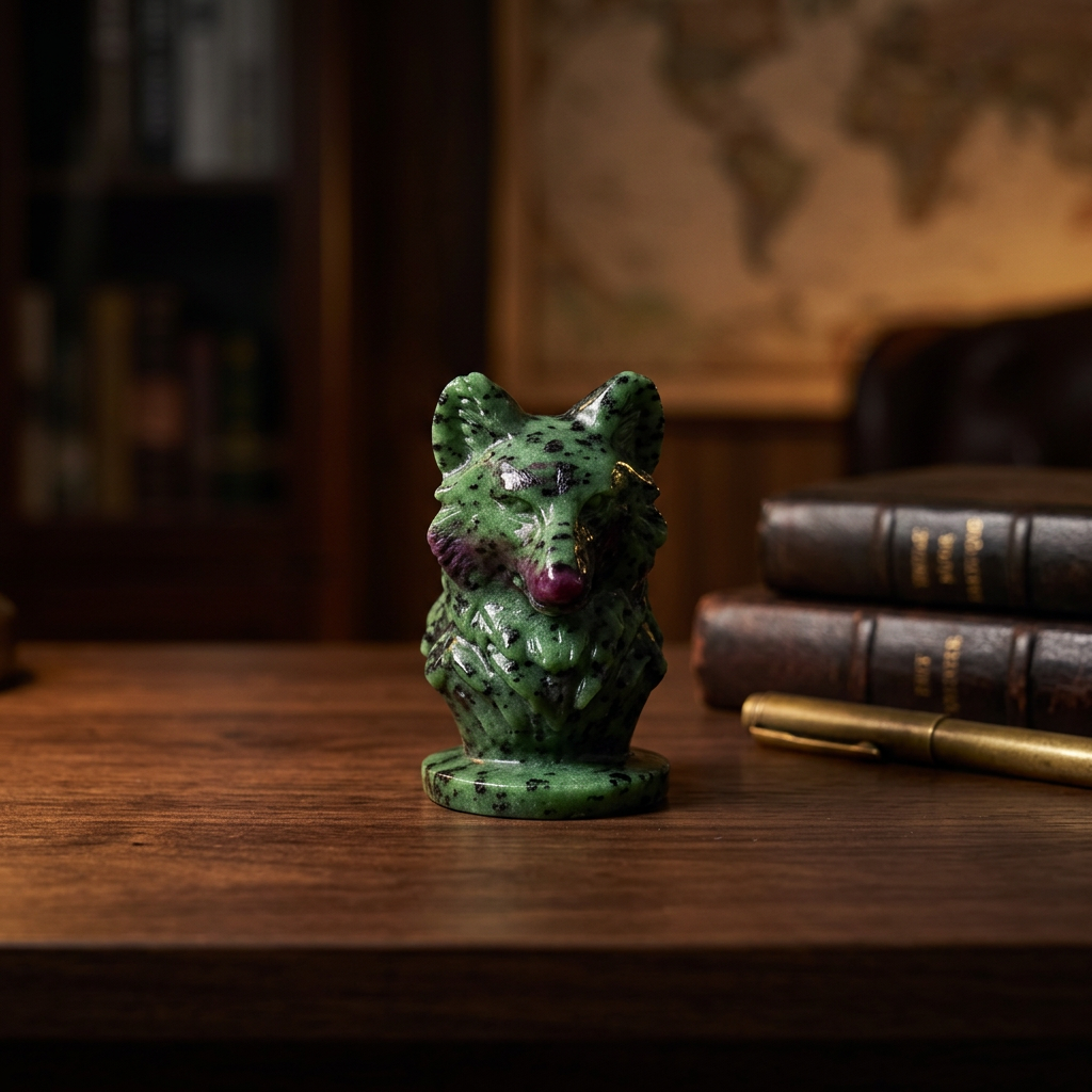 Natural Ruby Zoisite Wolf Head Bust displayed in executive study desk scene