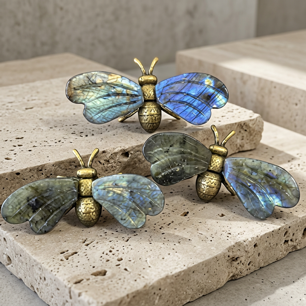 Natural Labradorite Bee Carving - Travertine Pedestal Display