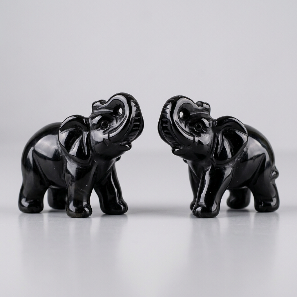 Silver Obsidian Precision Carved Elephant Figurine for Protection