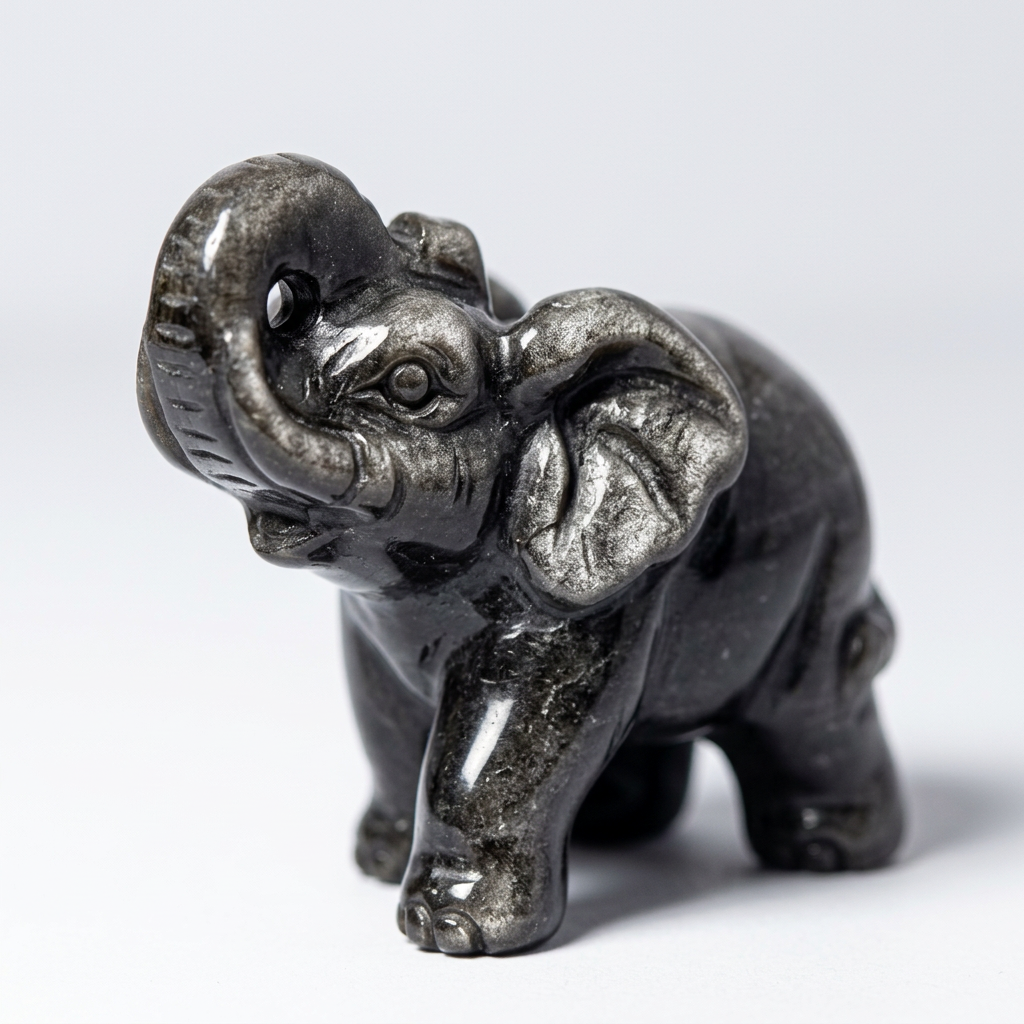 Silver Obsidian Precision Carved Elephant Figurine for Protection