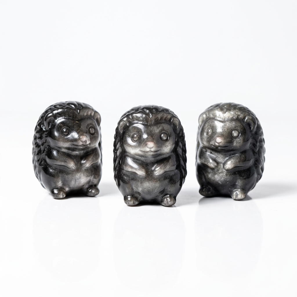 Three Silver Sheen Obsidian Hedgehog Carvings on pure white background