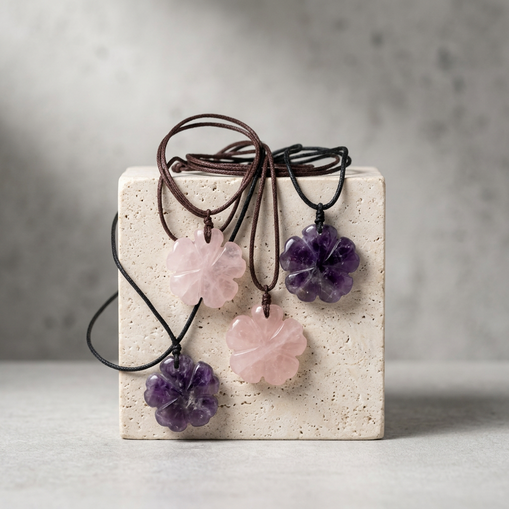Natural Carved Flower Crystal Pendant Necklace for Healing and Balance
