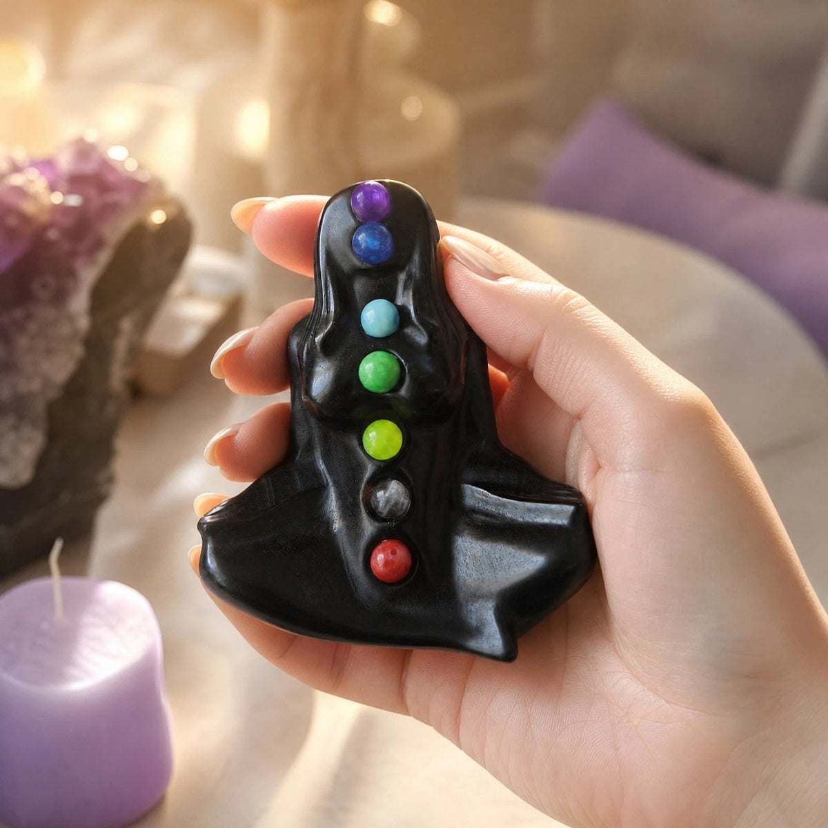 Black Obsidian Mother Earth Gaia Carving with Seven Chakra Stones