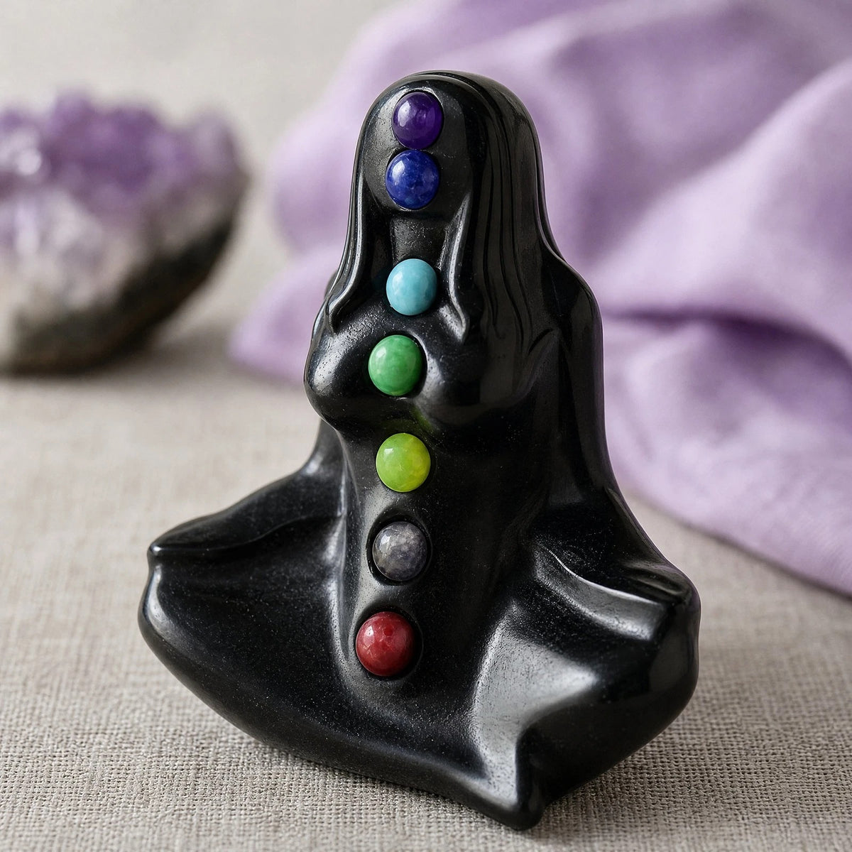 Black Obsidian Mother Earth Gaia Carving with Seven Chakra Stones