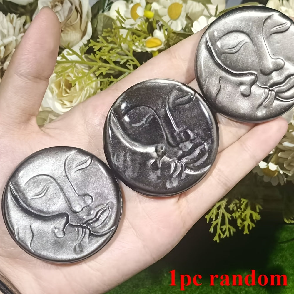 Silvery Obsidian Sun And Moon Face for  Home Ornaments