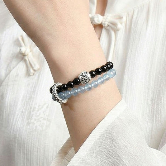 10mm Obsidian and Aquamarine Bracelet|CrystalHola