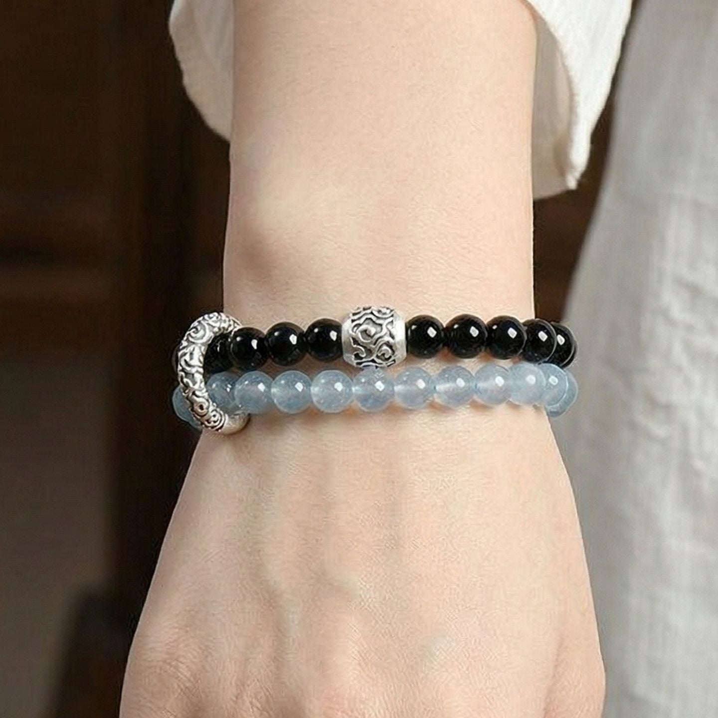 Bracelet Obsidienne et Aigue-marine 10 mm|CrystalHola