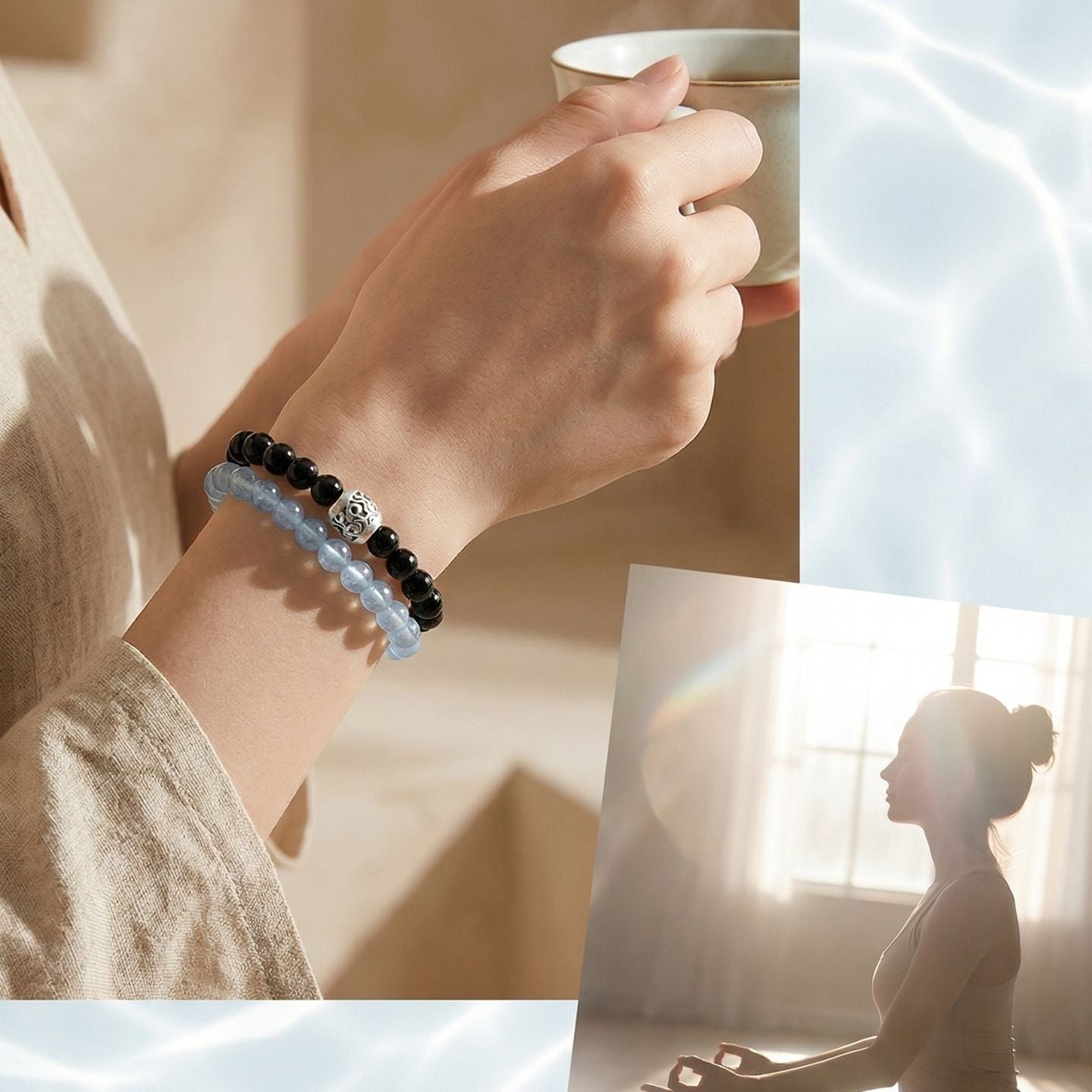 Bracelet Obsidienne et Aigue-marine 10 mm|CrystalHola