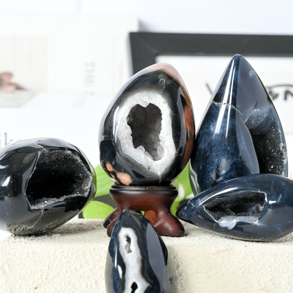 20-300g Œuf Géode en Agate Noire|CrystalHola