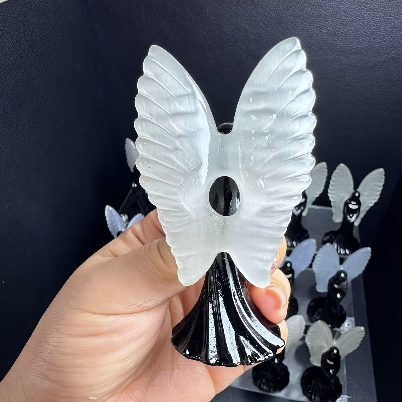 3.94in Black Obsidian Angel Statue with a Cat Eye Carving |CrystalHola