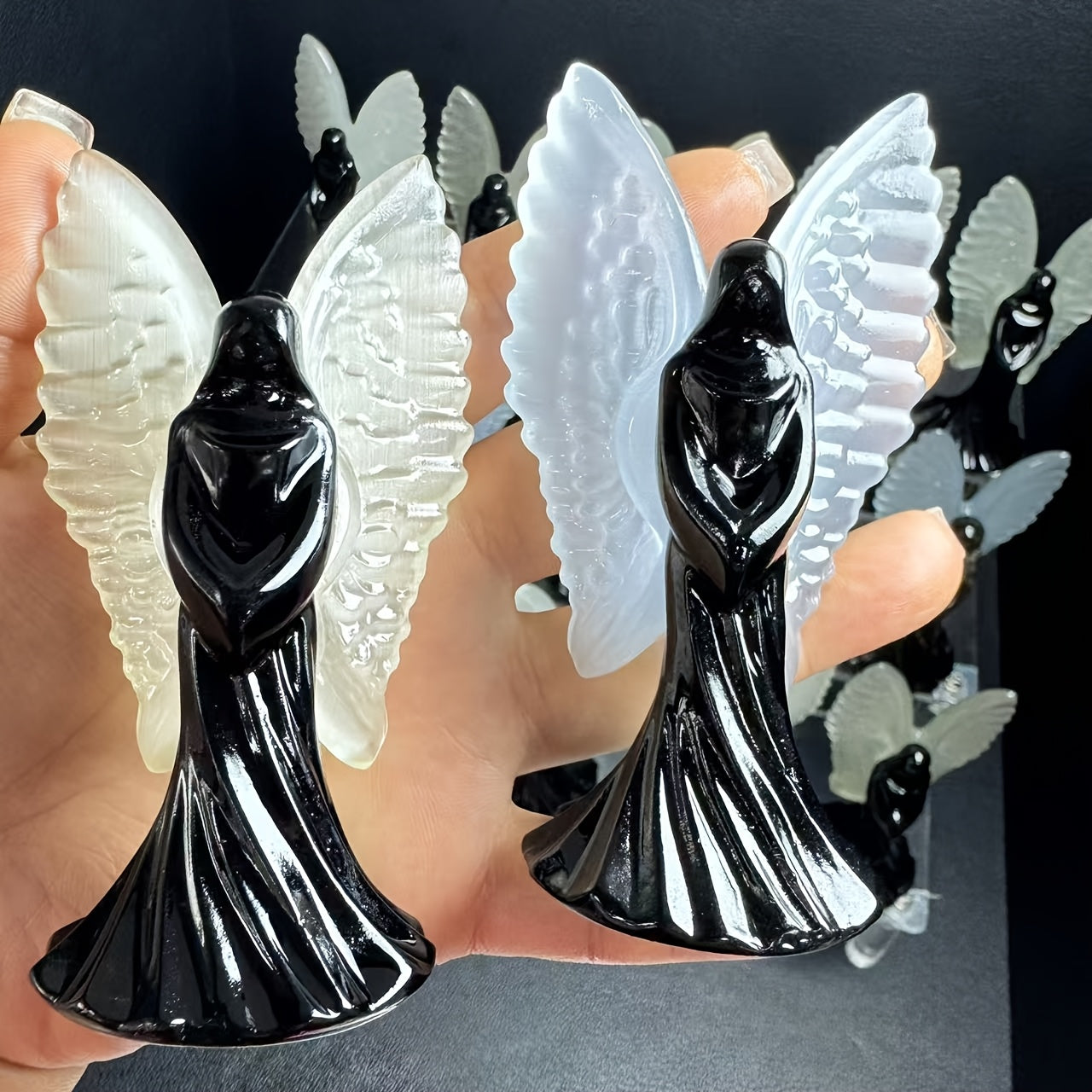 3.94in Black Obsidian Angel Statue with a Cat Eye Carving |CrystalHola