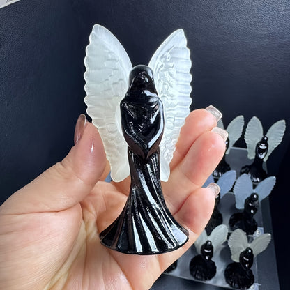 3.94in Black Obsidian Angel Statue with a Cat Eye Carving |CrystalHola