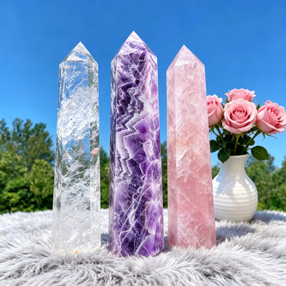 3pcs Natural Dream Amethyst Rose Quartz Clear Quartzl Towers