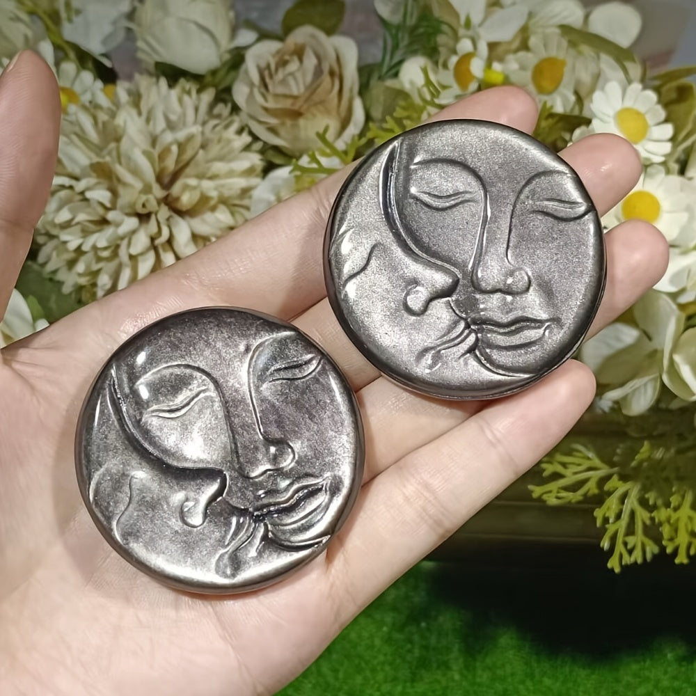 Silvery Obsidian Sun And Moon Face for  Home Ornaments
