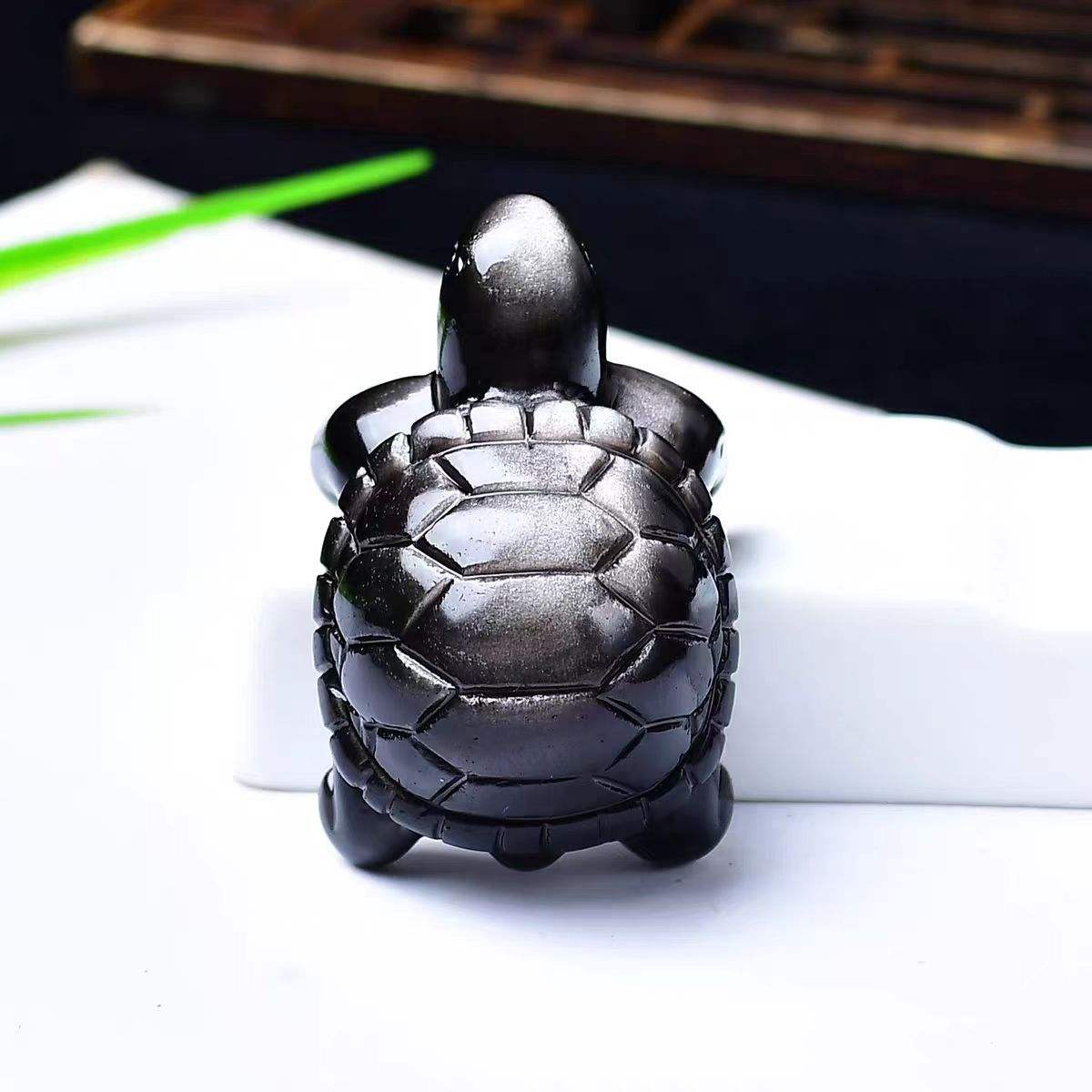 Natural Silvery Obsidian Turtle Carving for Gifts