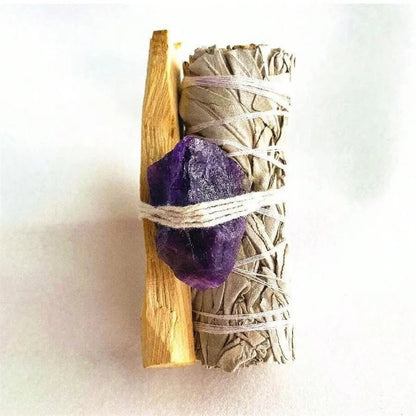 White Sage tied with Flowers and Crystals