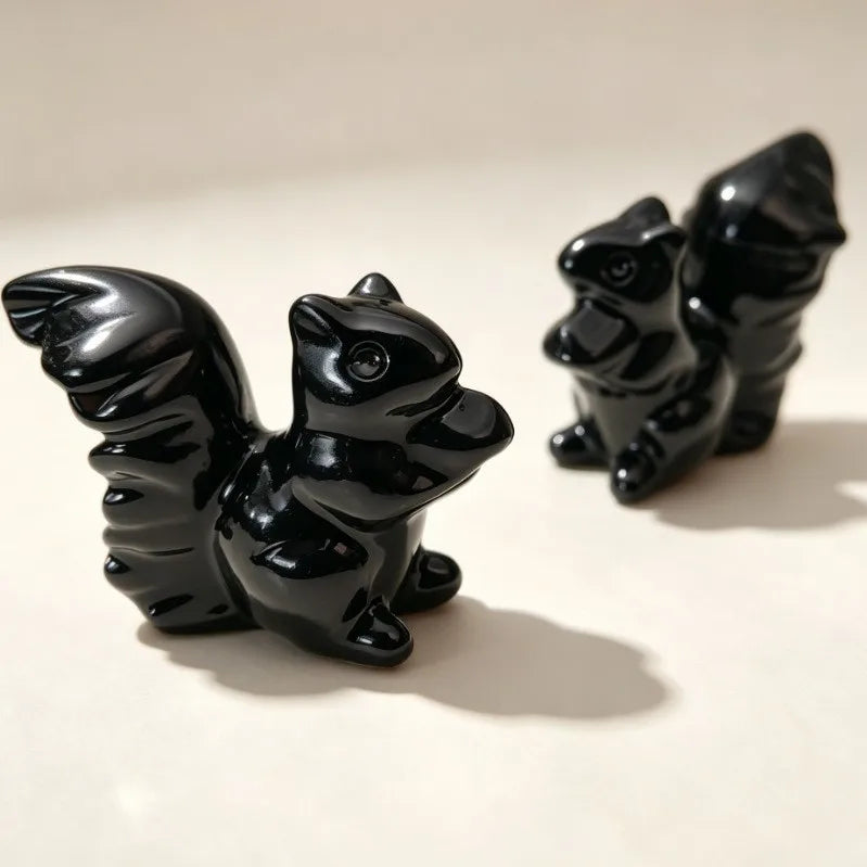 Black Obsidian Squirrel Figurine for Home and Office Desk Decor