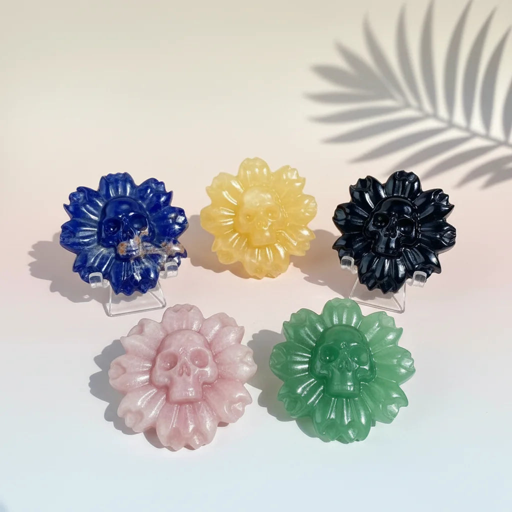 Natural Crystal Flower Carving with Skull Center for Altar Decor