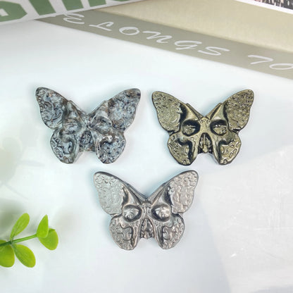 Silver & Golden Obsidian  Skulls Butterfly Carving