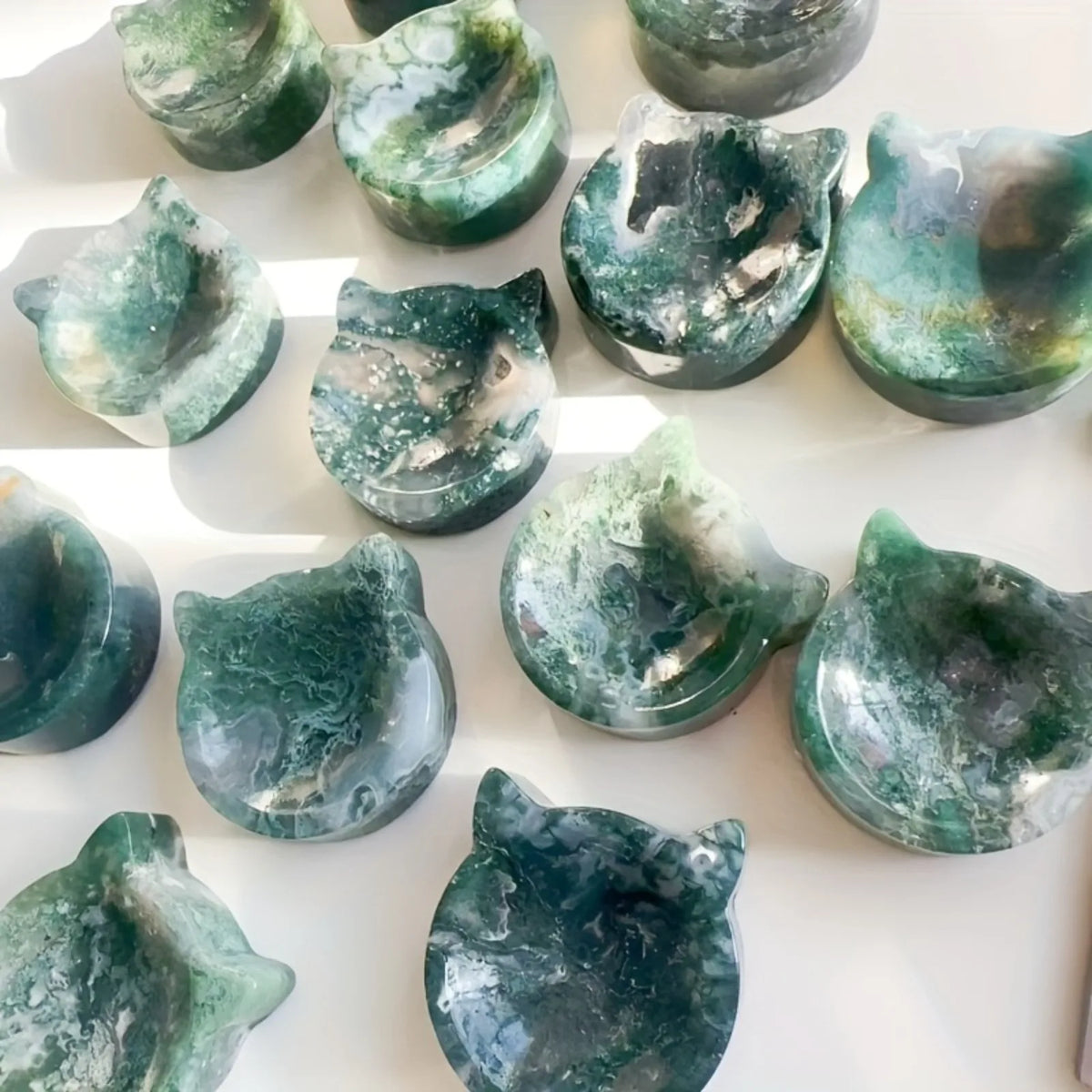 Natural Moss Agate Cat Bowl Carving for Altar and Decor