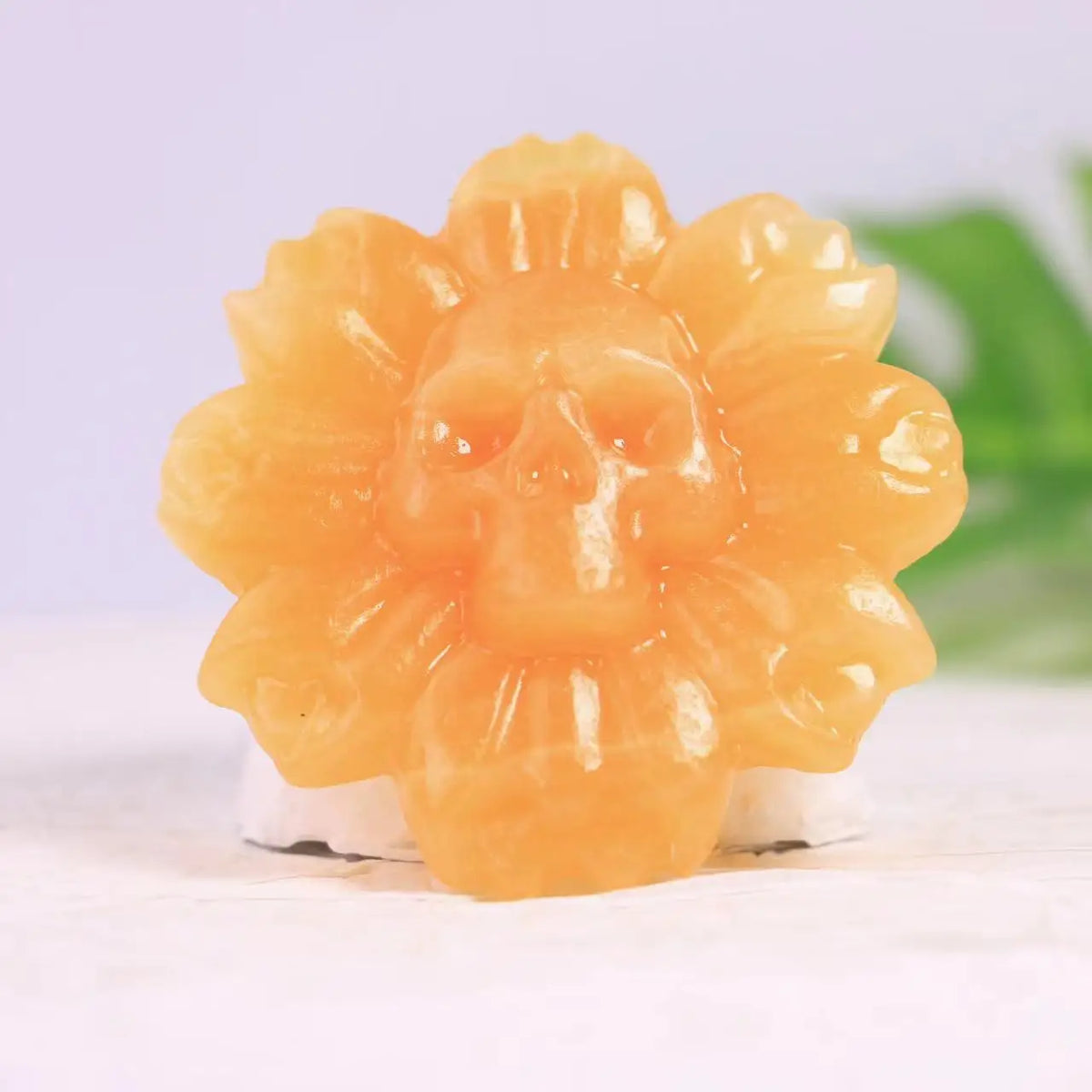 Natural Crystal Flower Carving with Skull Center for Altar Decor