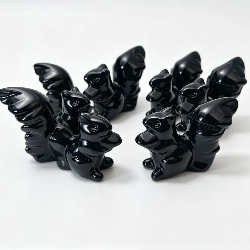 Black Obsidian Squirrel Figurine for Home and Office Desk Decor