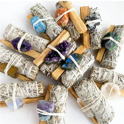 White Sage tied with Flowers and Crystals