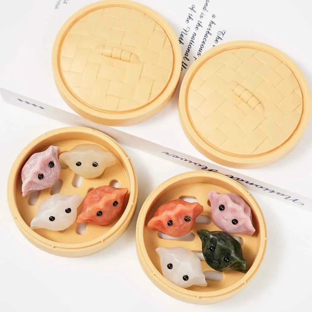 a Set of Natural Crystal Dumplings Carving White Quartz Pink Opal Crystal Mixed |CrystalHola
