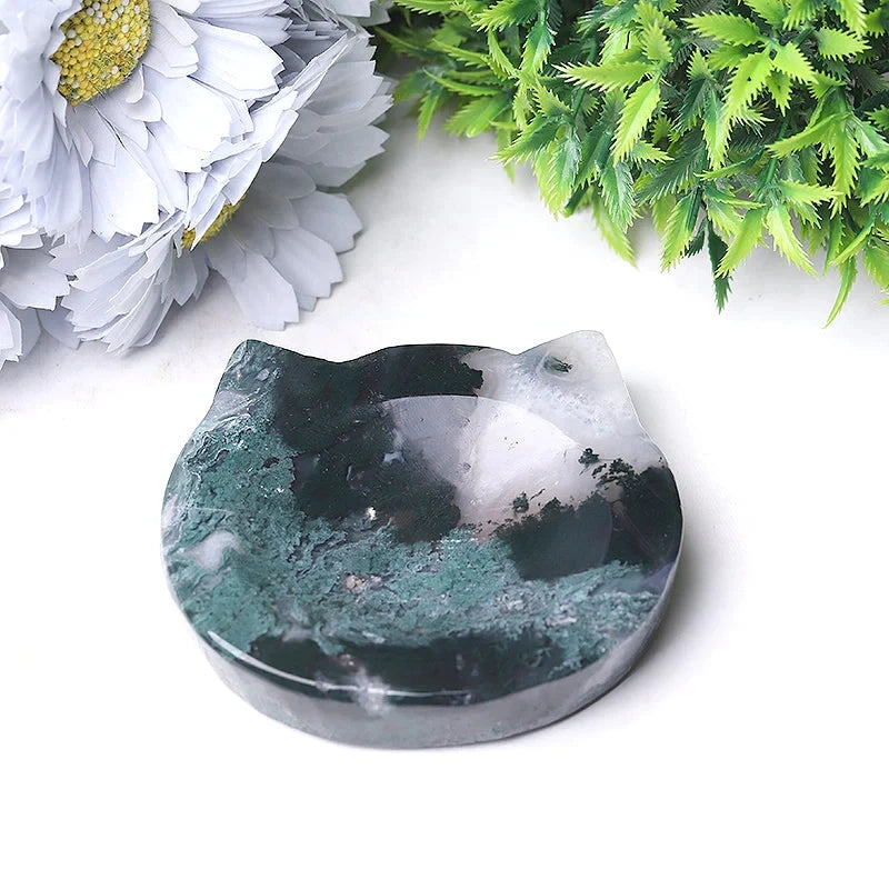 Natural Moss Agate Cat Bowl Carving for Altar and Decor