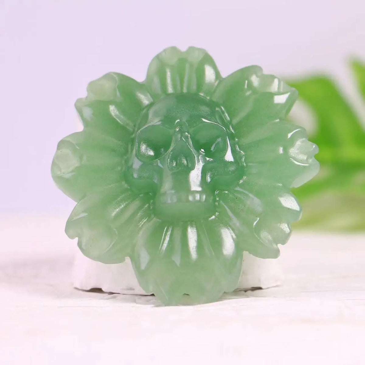 Natural Crystal Flower Carving with Skull Center for Altar Decor