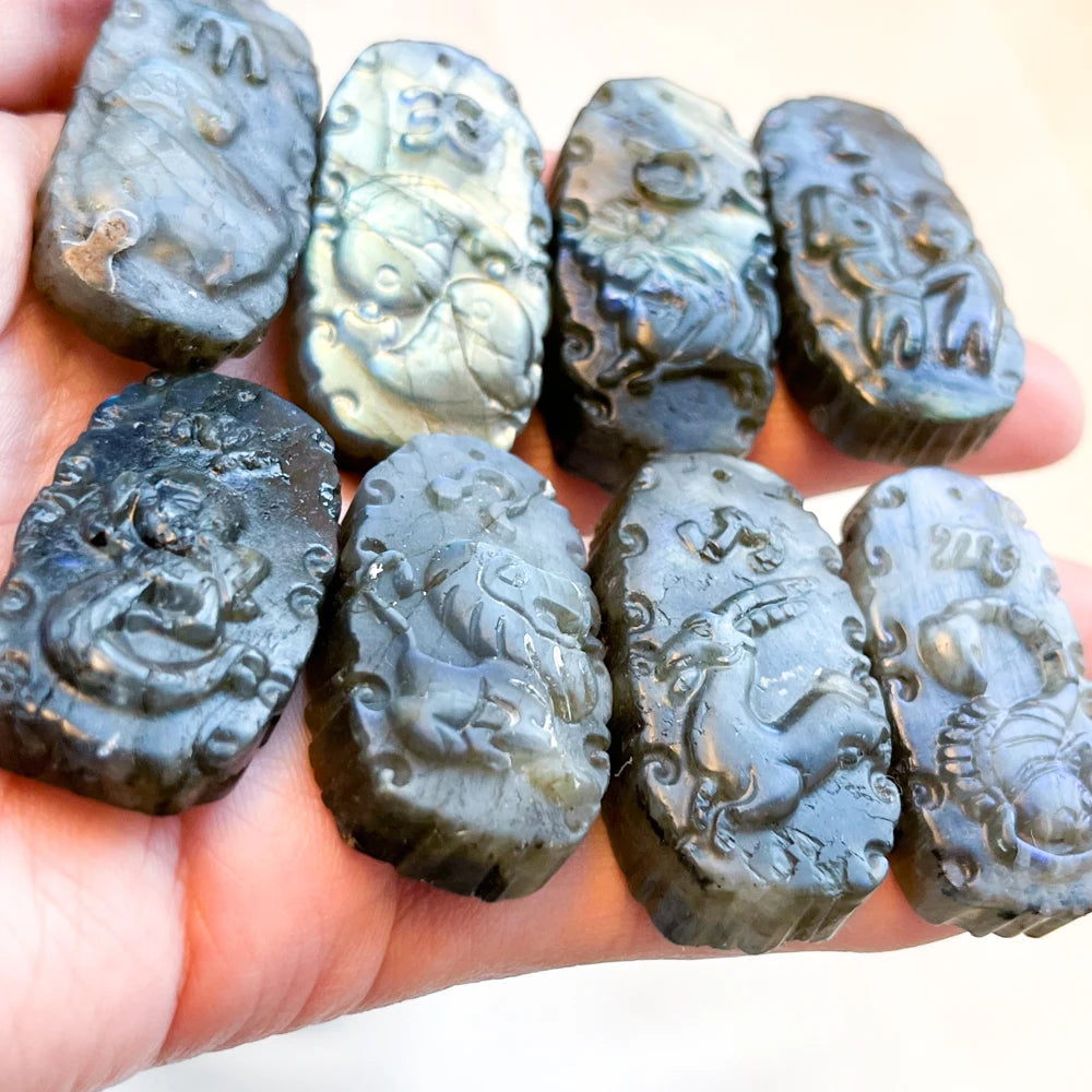 Labradorite Flat Carved 12 Constellation Figurine