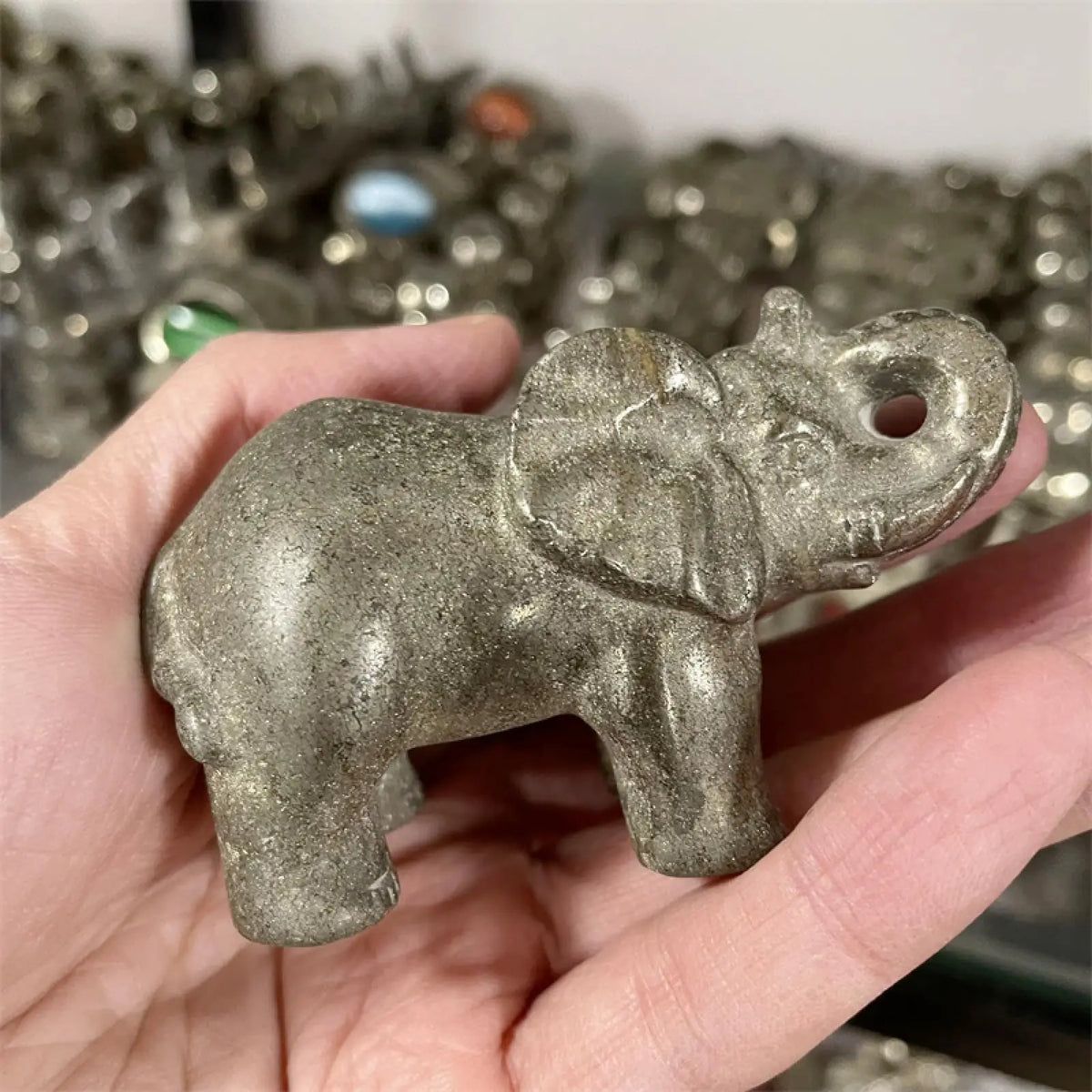 Natural Chalcopyrite Elephant Carving for Feng Shui and Decor