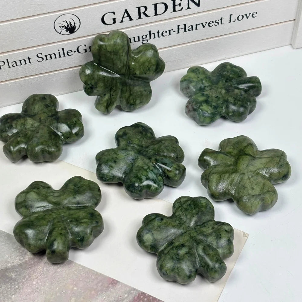 Natural Xiuyan Jade Four-Leaf Clover Carving for Luck and Decor