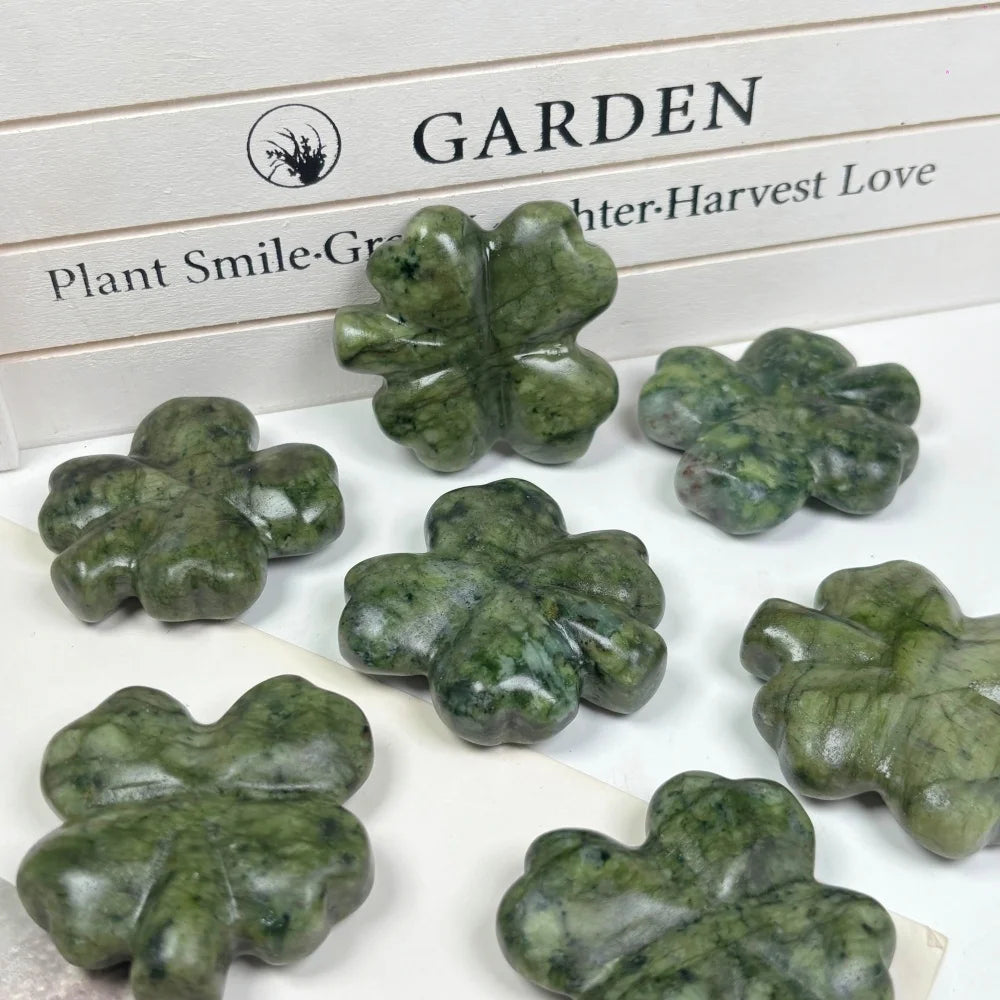 Natural Xiuyan Jade Four-Leaf Clover Carving for Luck and Decor