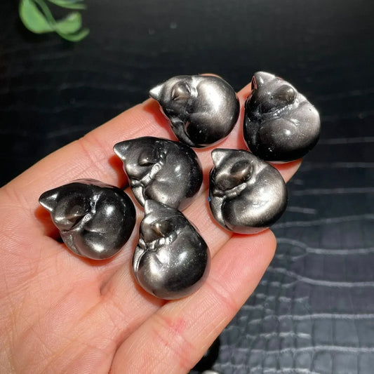Sliver Obsidian Cat Carving - CrystalHola