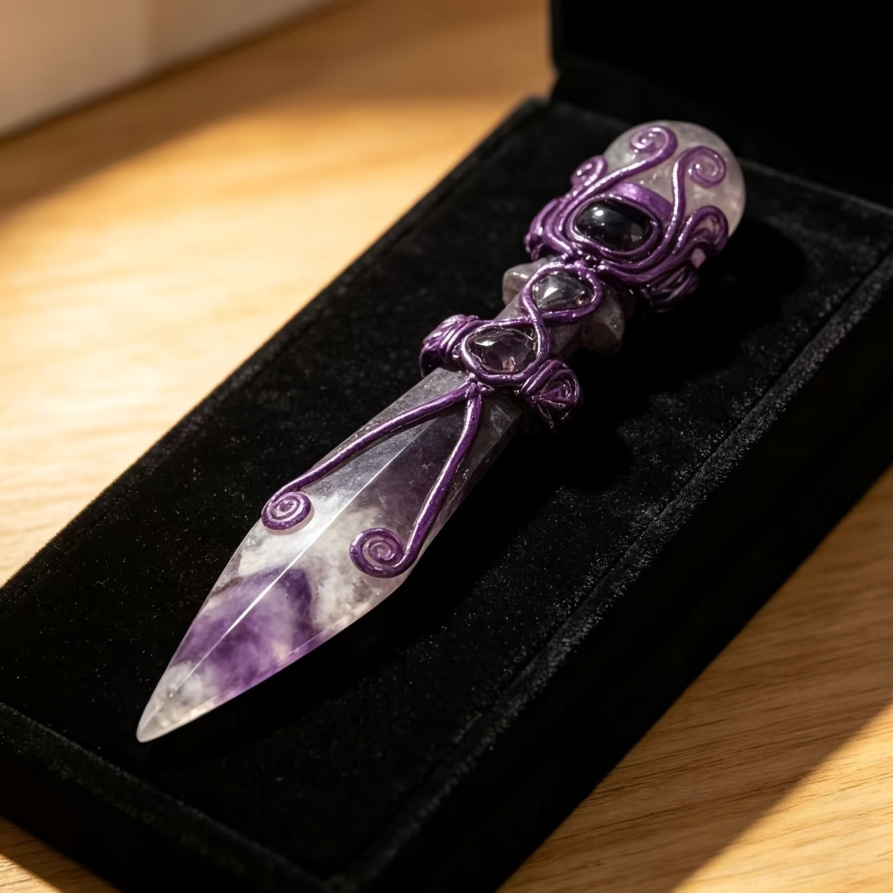 Natural Amethyst And Obsidian Magic Dagger Carving