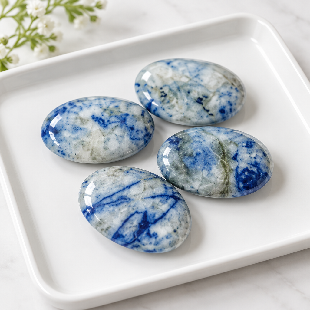 AI Commercial Studio Shot: Blue and White Porcelain Jasper Polished Palm Stone